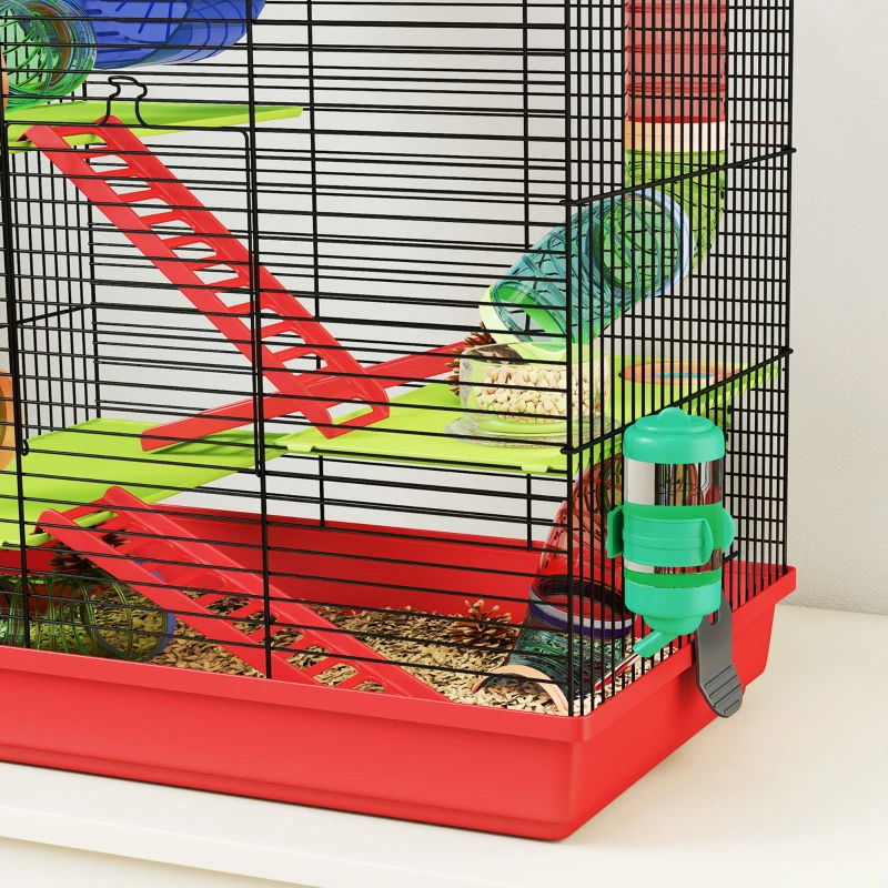 PawHut Jaula para Hámster de 5 Niveles 47x30x59 cm con Túnel Comedero Bebedero Casita Rueda de Ejercicio Escaleras Rojo