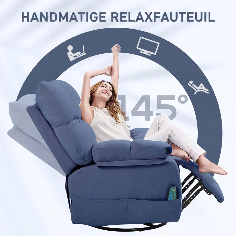 HOMCOM Massagestoel handbedienbare met Warmte- & Ligfunctie Draaibaar, tot 150 kg, Blauw(m-6)