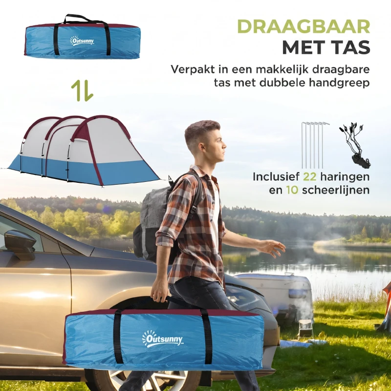 Outsunny kampeertent voor 3 personen, lantaarnhaak, drie ingangen, waterdicht, rood