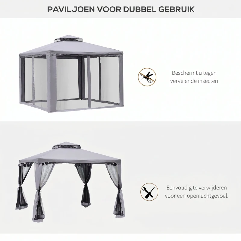Outsunny Tuinpaviljoen 3x3 Tuin Paviljoen Met Muggengaas voor Feesten en Ontvangst, Grijs
