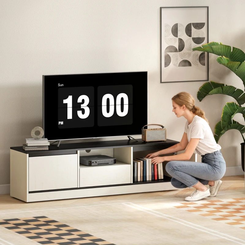 HOMCOM Mueble TV hasta 152 cm con 2 Armarios Estante Abierto y Cajón 140x35x40 cm Negro y Blanco