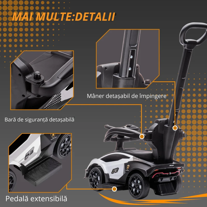 AIYAPLAY Mașină de împins pentru copii porteur pentru copii 1-3 ani multi-echipată cu mâner de împingere, klaxon și volan, Alb