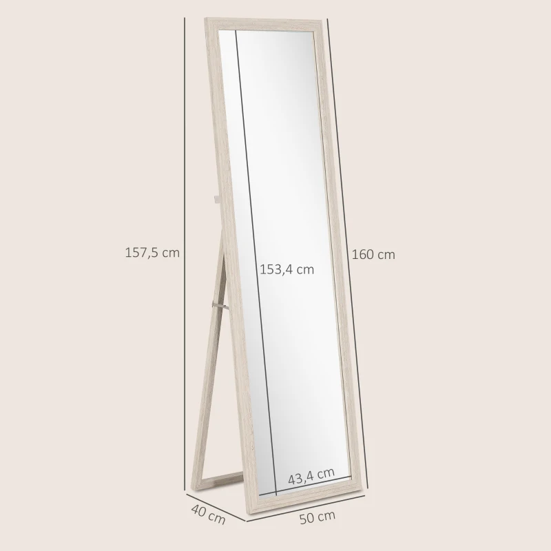 HOMCOM Miroir sur Pied Rectangulaire 160 x 50 cm, Cadre Texturé à Effet Pierre, Angle d'Inclinaison Réglable, Blanc