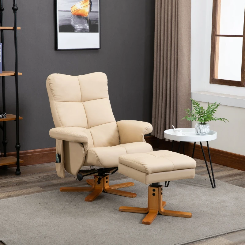 HOMCOM Sillón Relax Reclinable con Reposapiés 10 Puntos de Masaje Giratorio Mando a Distancia Bolsillo Lateral Crema