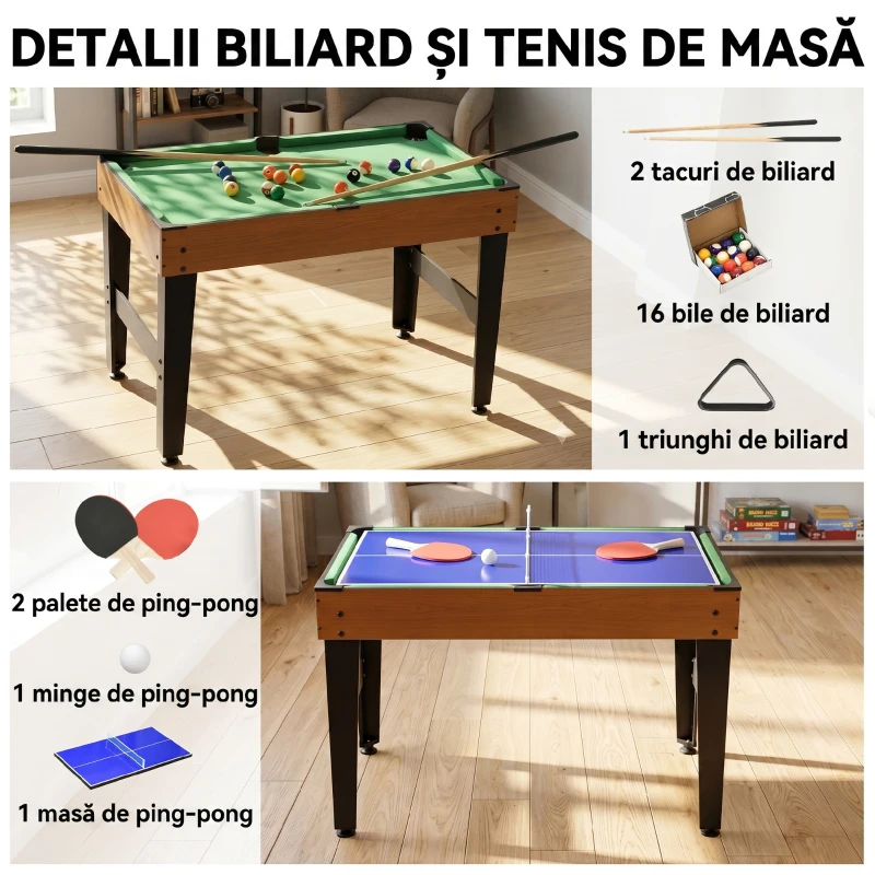 HOMCOM Masă Multifuncțională 4 în 1 cu Fotbal de Masă, Biliard, Tenis de Masă și Hochei, 107x61x84.5cm
