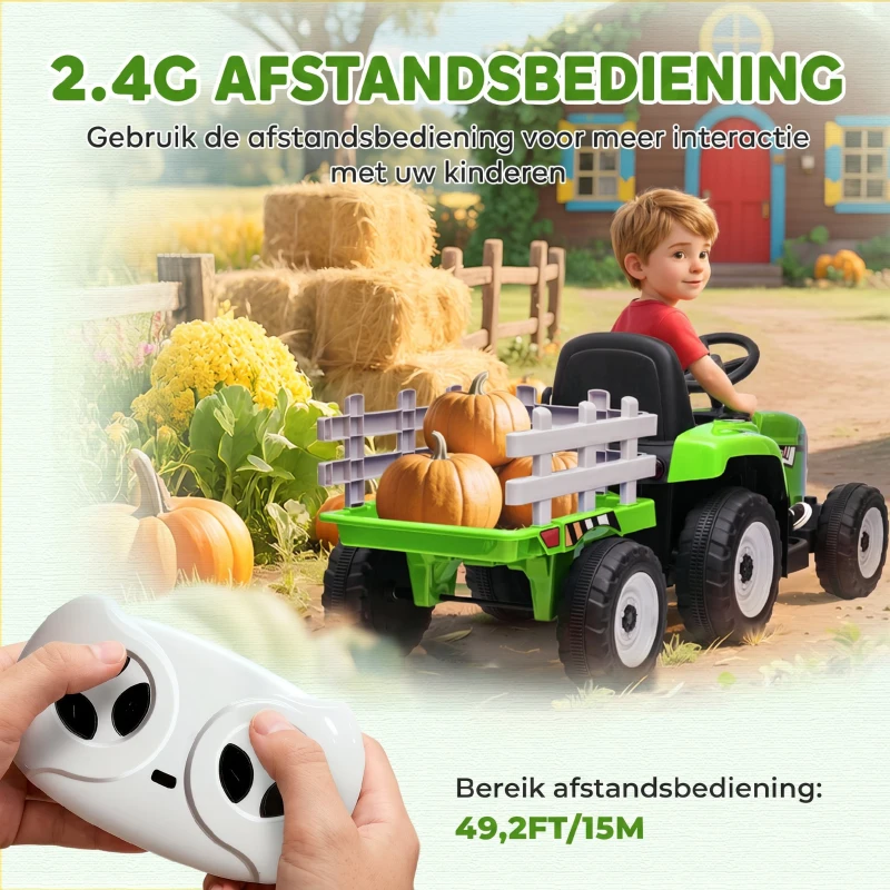 HOMCOM Elektrische kinderauto, kindertractor, inclusief ouderlijke afstandsbediening, maximale snelheid van 6 km/u, groen + zwart(m-5)