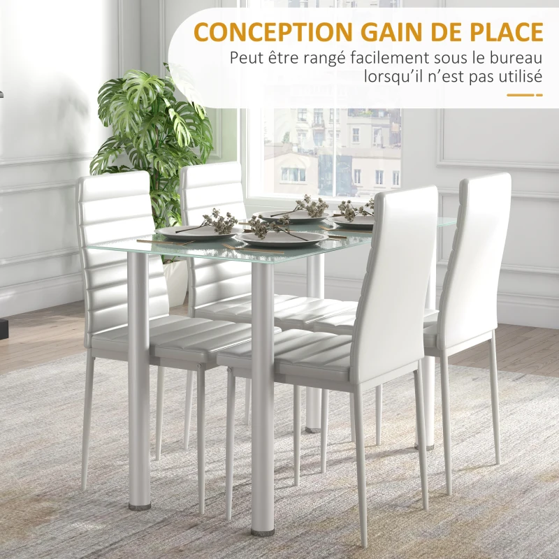 HOMCOM Ensemble de table à manger avec 4 chaises plateau en verre trempé, pieds en acier, pour cuisine salon blanc