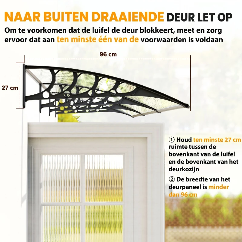 Outsunny Afdak voor Voordeur/Raam, Weerbestendig, Transparant, Aluminium/Polycarbonaat, 303x96x27cm, Zwart