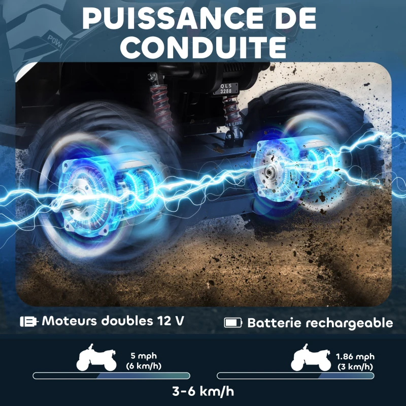 HOMCOM Quad Buggy électrique Enfant 12 V 8 Km/h Max. Voiture électrique Enfant avec Effets Lumineux sonores métal PP Blanc Noir