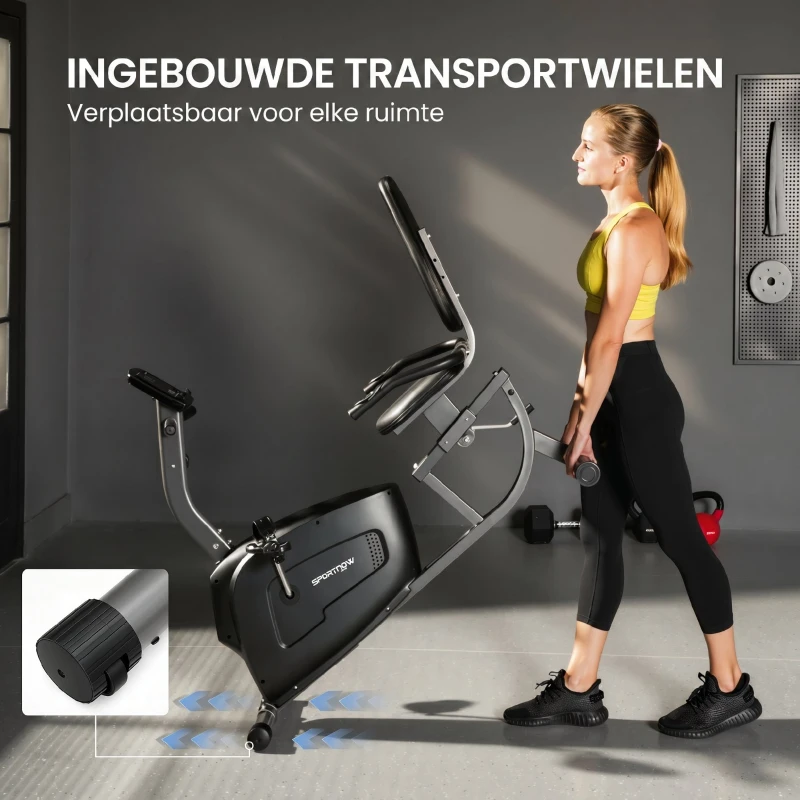 SPORTNOW Hometrainer, magnetische ligfiets, 8 weerstandsniveaus, verstelbaar, LCD-monitor, metaal, kunststof, zwart