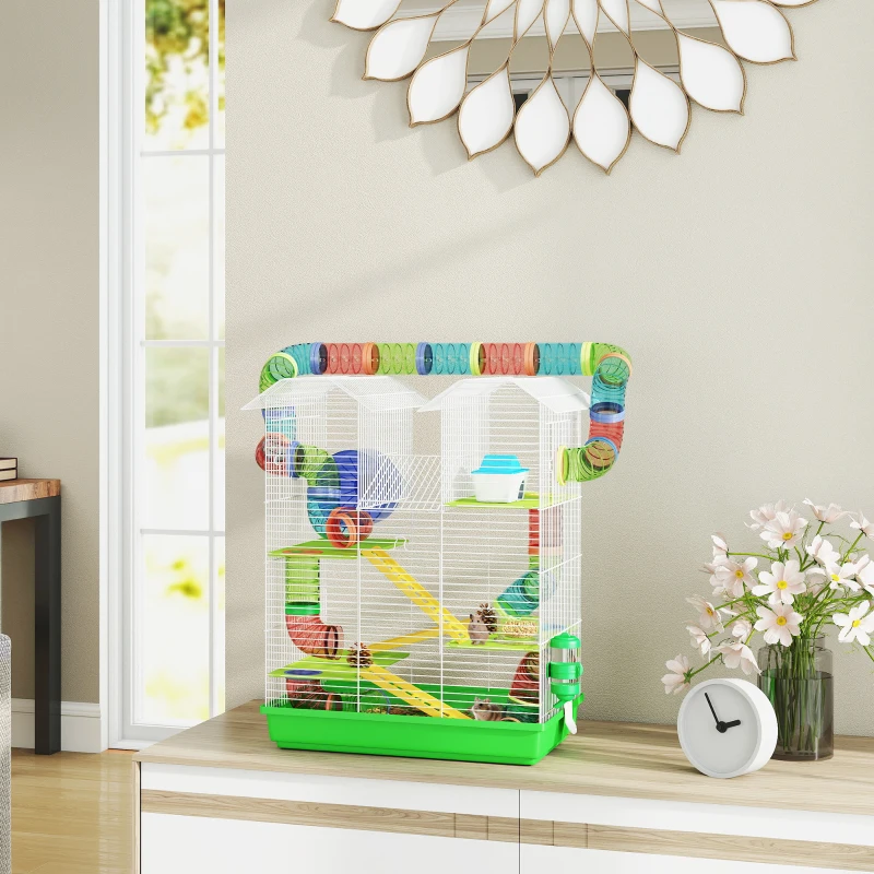 PawHut Jaula para Hámster de 5 Niveles 47x30x59 cm con Túnel Comedero Bebedero Casita Rueda de Ejercicio Escaleras Verde