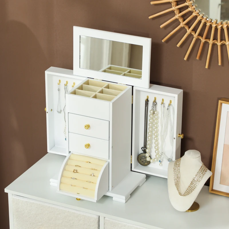 HOMCOM Boîte à Bijoux Femme à 4 Niveaux, Coffre à Bijoux en Bois avec Ailes, Miroir et 2 Tiroirs, 26,5x16 x33,5 cm, Blanc