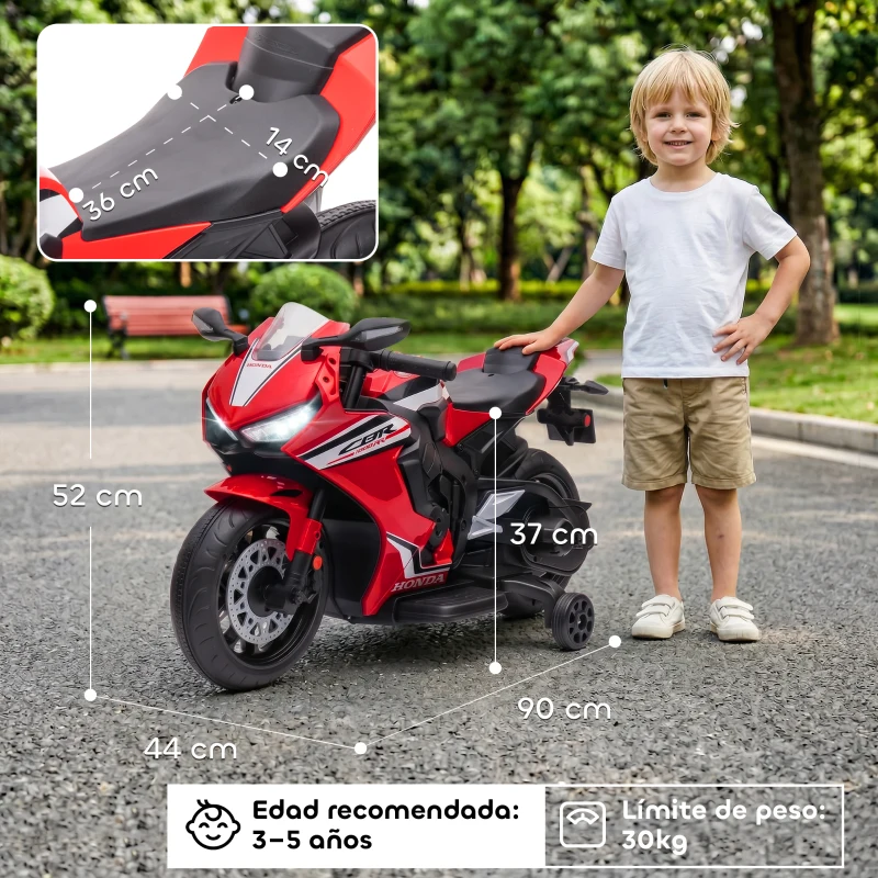 HOMCOM Moto Eléctrica con Licencia HONDA para 3-5 Años con Faros Bocina Música y Ruedas Auxiliares 90x44x52 cm Rojo