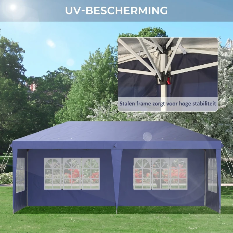 Outsunny Opklapbare tuinpaviljoen van 6 x 3 m, halfopen, verwijderbare zijwanden, grote ramen, draagtas, stalen frame, blauw