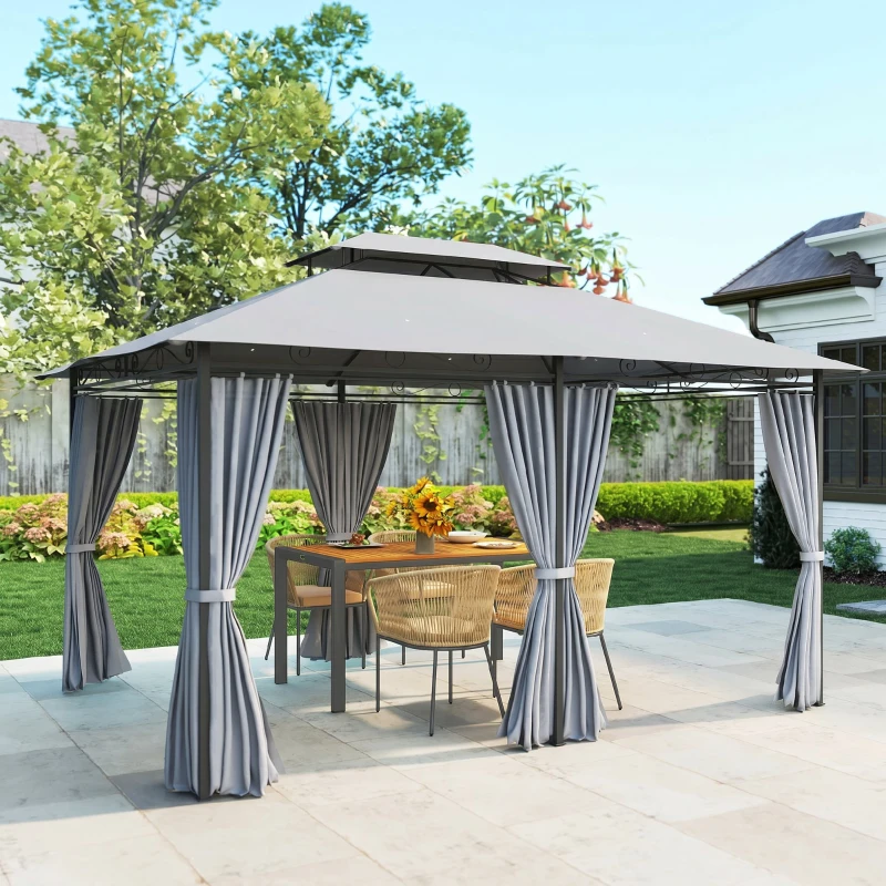 Outsunny Tuinpaviljoen, Outdoor Paviljoen met Gordijnen, Geventileerd Dak, Donkergrijs