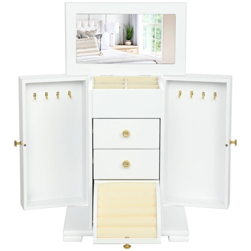 HOMCOM Boîte à Bijoux Femme à 4 Niveaux, Coffre à Bijoux en Bois avec Ailes, Miroir et 2 Tiroirs, 26,5x16 x33,5 cm, Blanc