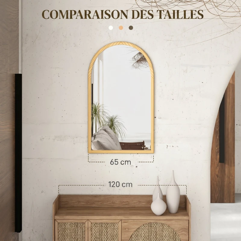 HOMCOM Miroir mural arche, 110 x 65 cm Cadre en bois, Miroir arqué pour le salon, la chambre, l'entrée, bois naturel