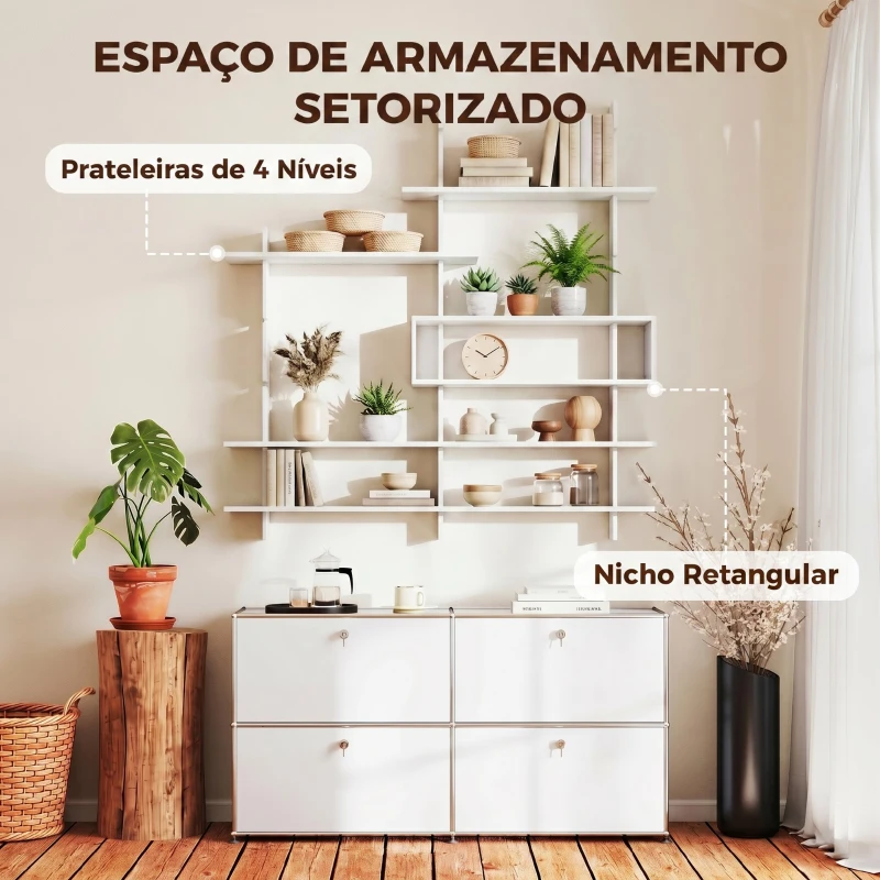 HOMCOM Estante Flutuante de Parede Geométrica Branca com 4 Níveis e Compartimento Central 136x20x140 cm Branco