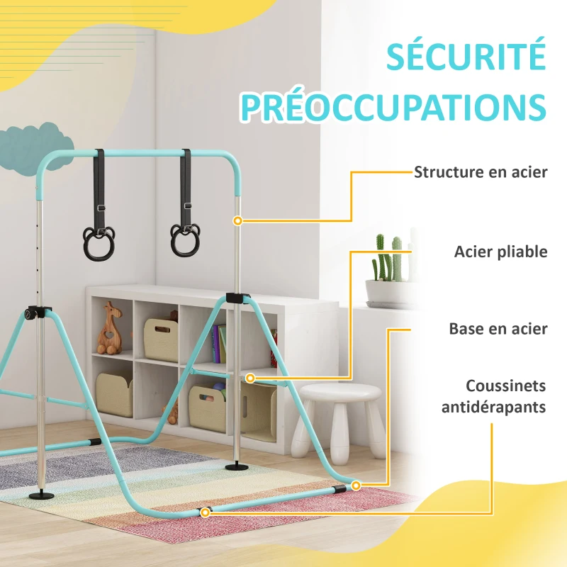 HOMCOM Barre de gymnastique pour enfants, barre horizontale pliable à hauteur réglable avec anneaux de gymnastique, cyan