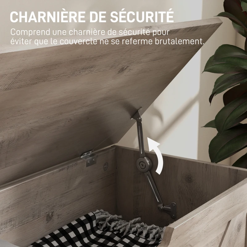 HOMCOM Coffre de rangement, banc de rangement avec couvercle rabattable et charnières de sécurité, 80 x 40 x 45 cm, gris