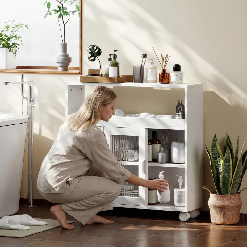 HOMCOM Mobile per Bagno a Rotelle in Legno con Spazio Aperto, Ripiani Regolabili e Ante in Vetro, 71x20x70 cm, Bianco