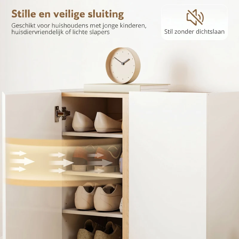 HOMCOM Schoenenkast met soft-close, 6 niveaus en greeploos design, voor maximaal 18 paar, voor hal en entree, houtlook, wit(m-6)