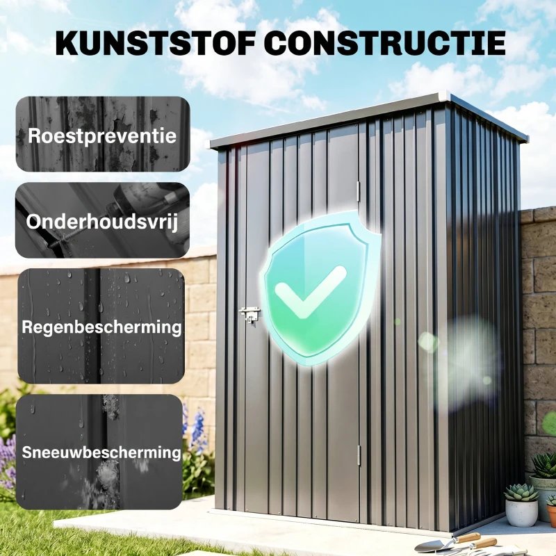 Outsunny Tuinschuur Gereedschapsschuur, afsluitbare deur, weerbestendig, incl. schappen, 161,5 cm x 94,5 cm x 196 cm, Zwart(m-4)