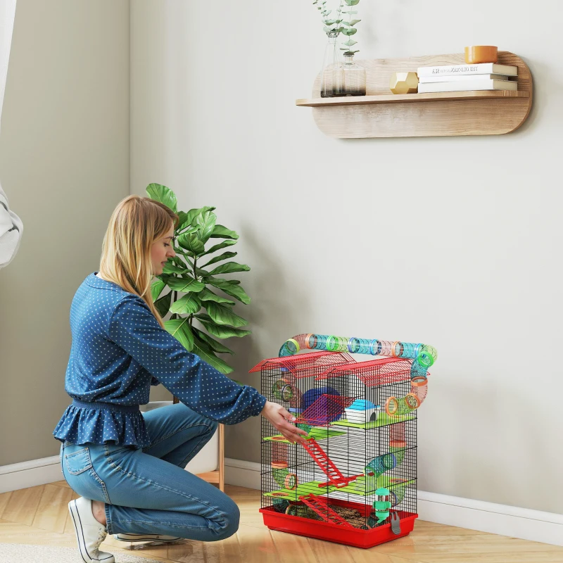 PawHut Jaula para Hámster de 5 Niveles 47x30x59 cm con Túnel Comedero Bebedero Casita Rueda de Ejercicio Escaleras Rojo