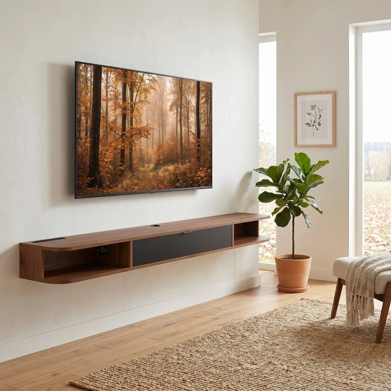 HOMCOM Mueble TV Suspendido para Televisor de hasta 190,5 cm con Cajón Abatible 2 Estantes 180x24x16 cm Nogal