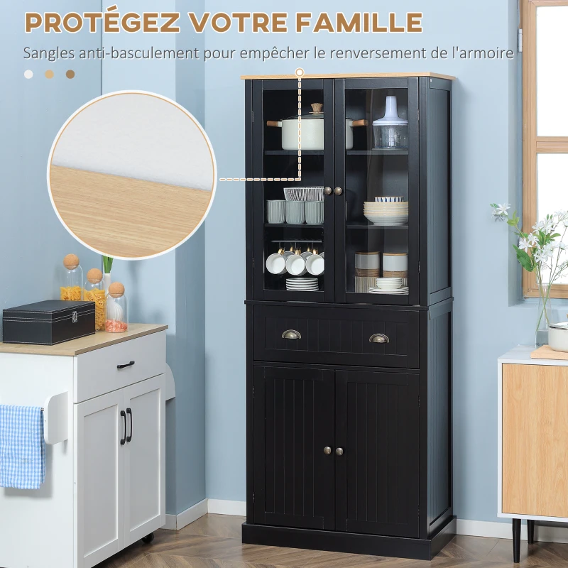HOMCOM Buffet meuble cuisine rangement armoire de cuisine 4 portes dont 2 portes vitrées et 1 tiroir étagères réglables - noir