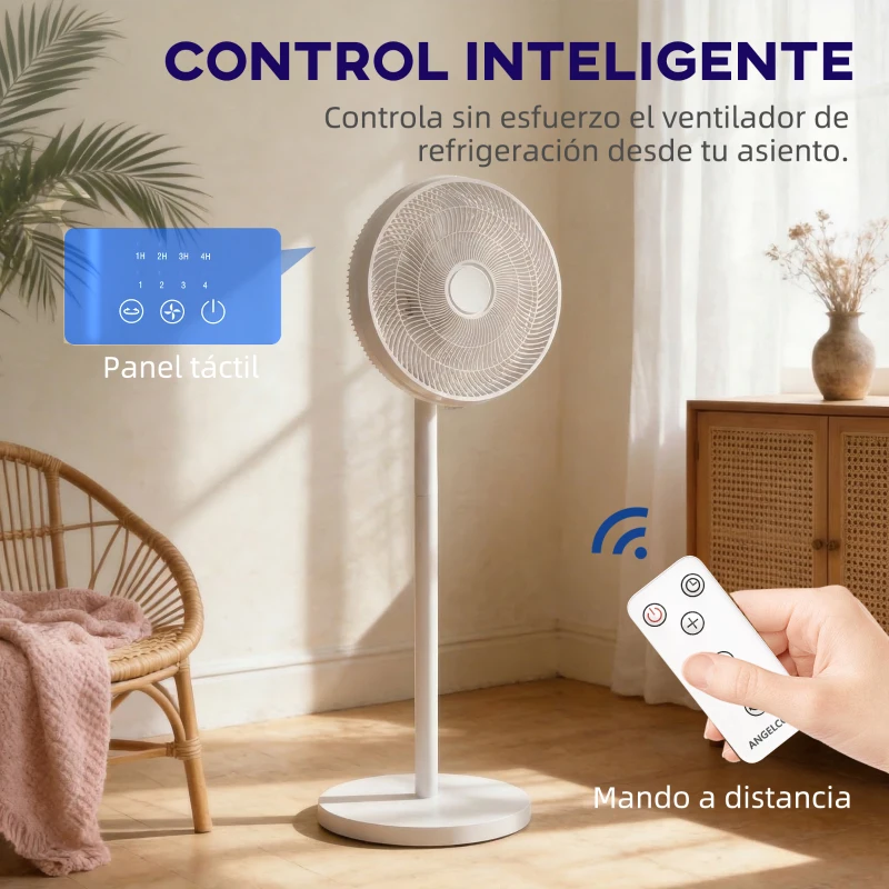 HOMCOM Ventilador de Pie con Control Remoto Altura Ajustable 4 Velocidades Oscilación 80° Temporizador 10H Pantalla LED Blanco