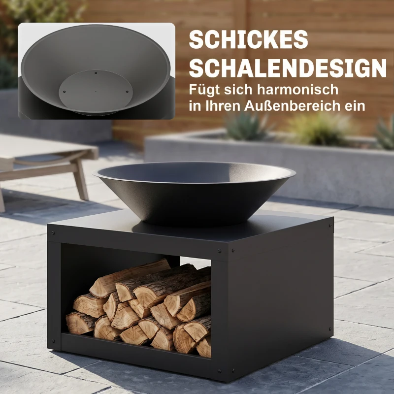 Outsunny Vuurschaal Ø59 cm met houtopslag, pookhaak, geschikt voor hout en houtskool, rond, zwart