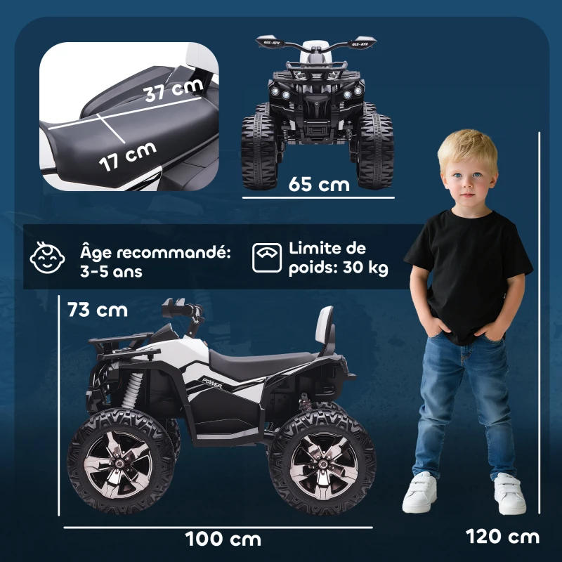 HOMCOM Quad Buggy électrique Enfant 12 V 8 Km/h Max. Voiture électrique Enfant avec Effets Lumineux sonores métal PP Blanc Noir