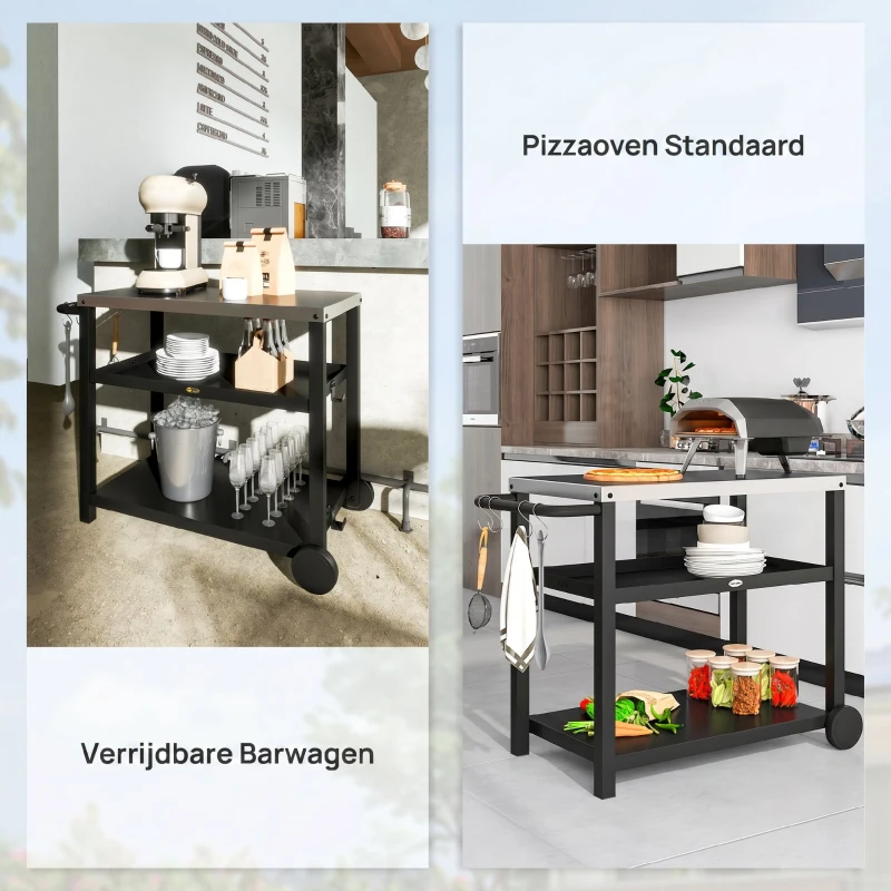 Outsunny Grillwagen 3-Etagen met Werkoppervlak, Planken, Haken, Wielen, Roestvrij Staal, 102x50x81cm, Koolgrijs