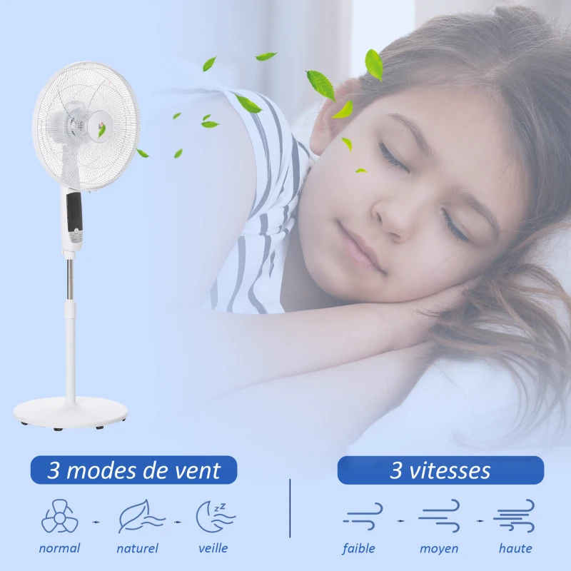 HOMCOM Ventilateur sur pied hauteur réglable oscillant 85° 3 vitesses 50 W avec écran LED télécommande minuterie Ø 42 cm blanc
