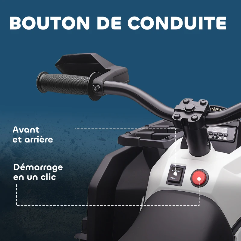 HOMCOM Quad Buggy électrique Enfant 12 V 8 Km/h Max. Voiture électrique Enfant avec Effets Lumineux sonores métal PP Blanc Noir