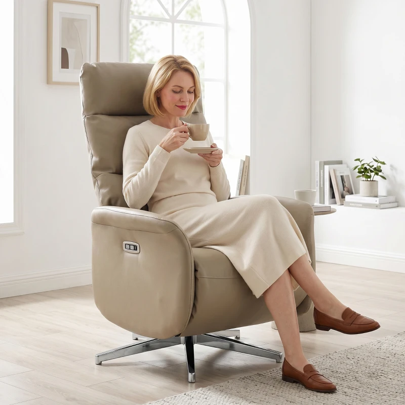 HOMCOM Poltrona Relax Elétrica Reclinável 160° Giratória com Apoio para os Pés, Porta USB e Type-C, em Pele PU, Marrom