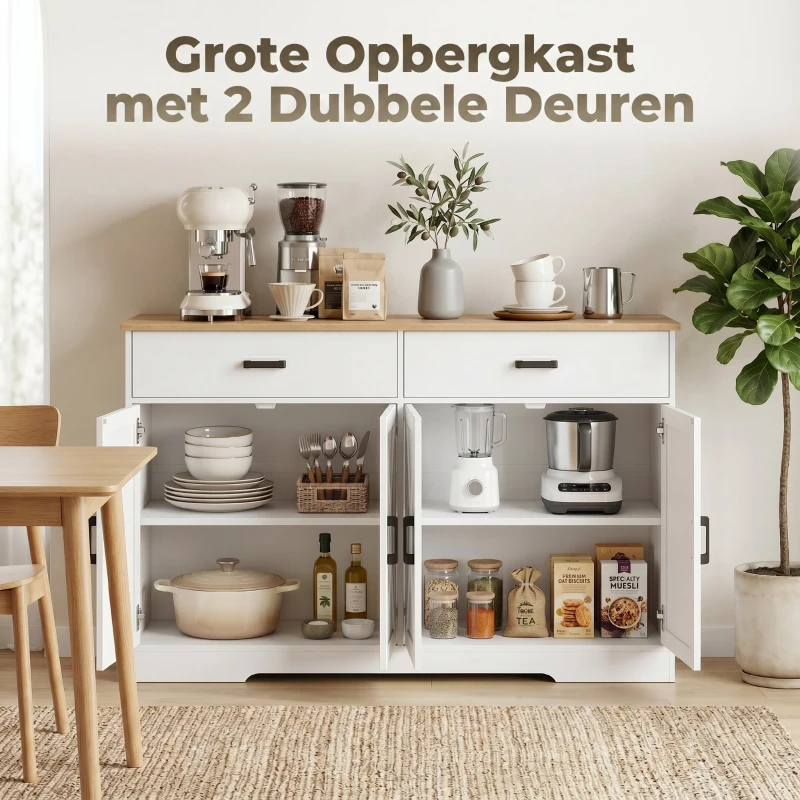HOMCOM Dressoir Buffetkast, 140 cm Farmhouse Keukenkast met 2 Lades en 2 Kasten, Wit