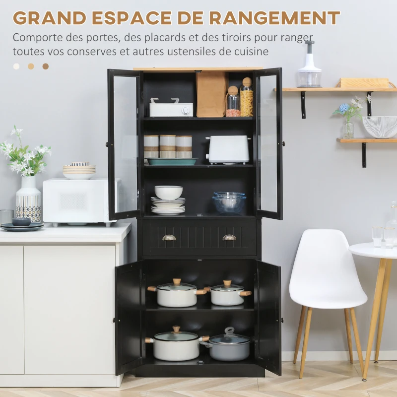 HOMCOM Buffet meuble cuisine rangement armoire de cuisine 4 portes dont 2 portes vitrées et 1 tiroir étagères réglables - noir
