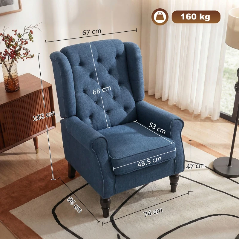 HOMCOM Fauteuil de Salon, Fauteuil Capitonné avec Pieds en Bois, Assise Large, Grand Confort, Classique, 74x86x102cm, Bleu(m-3)