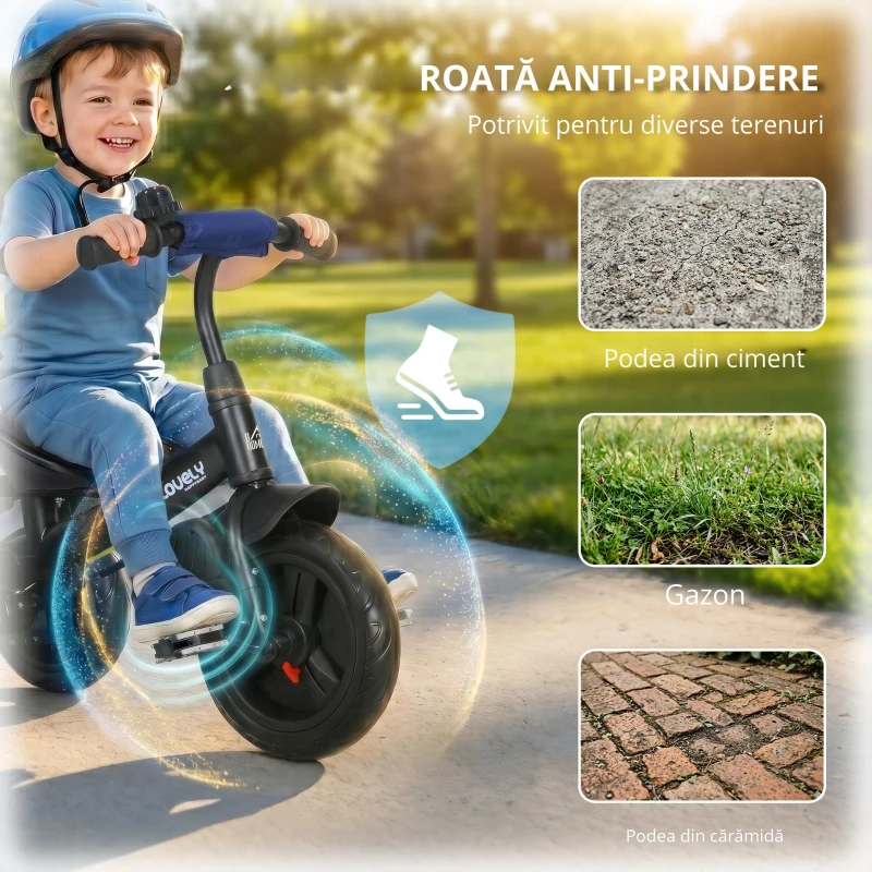 HOMCOM Triciclu pentru Copii, Bicicletă pentru Copii, Coș Spate, Suport pentru Pahar, Umbrelă, Metal, Albastru închis