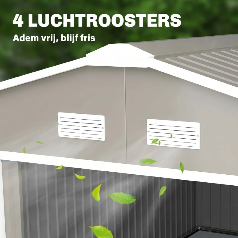 Outsunny Berging, Weerbestendig tuinhuis voor tuingereedschap, met ventilatieramen, schuifdeuren, staal, lichtgrijs(m-9)