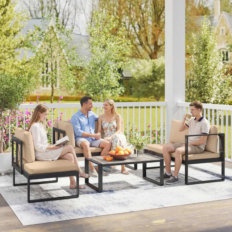 Outsunny 4-delige tuinmeubelset, sofaset met 2 tweezitsbanken, stoel zonder armleuningen en salontafel, voor balkon, khaki
