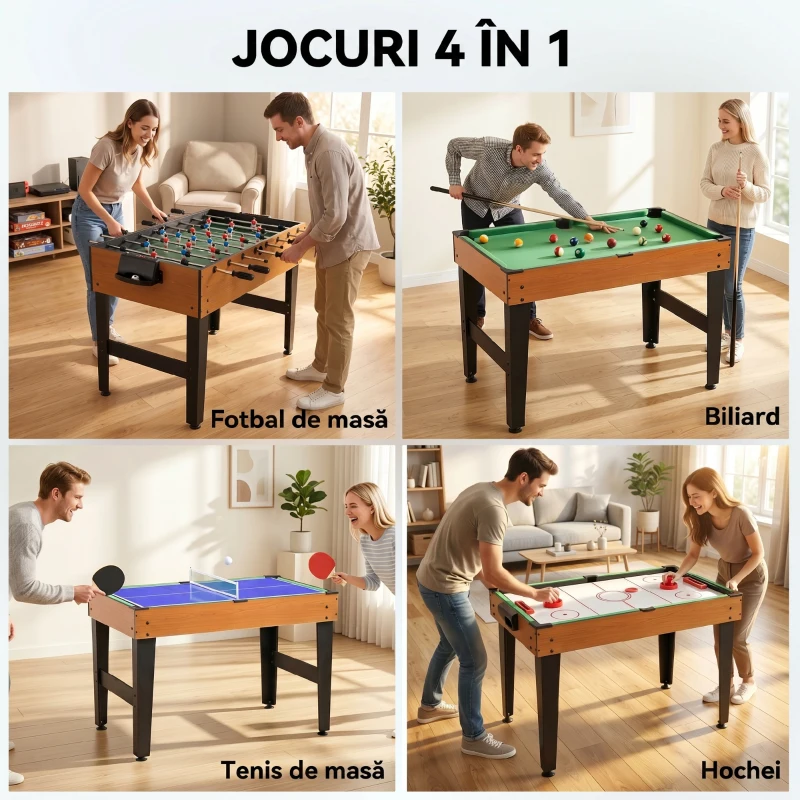 HOMCOM Masă Multifuncțională 4 în 1 cu Fotbal de Masă, Biliard, Tenis de Masă și Hochei, 107x61x84.5cm