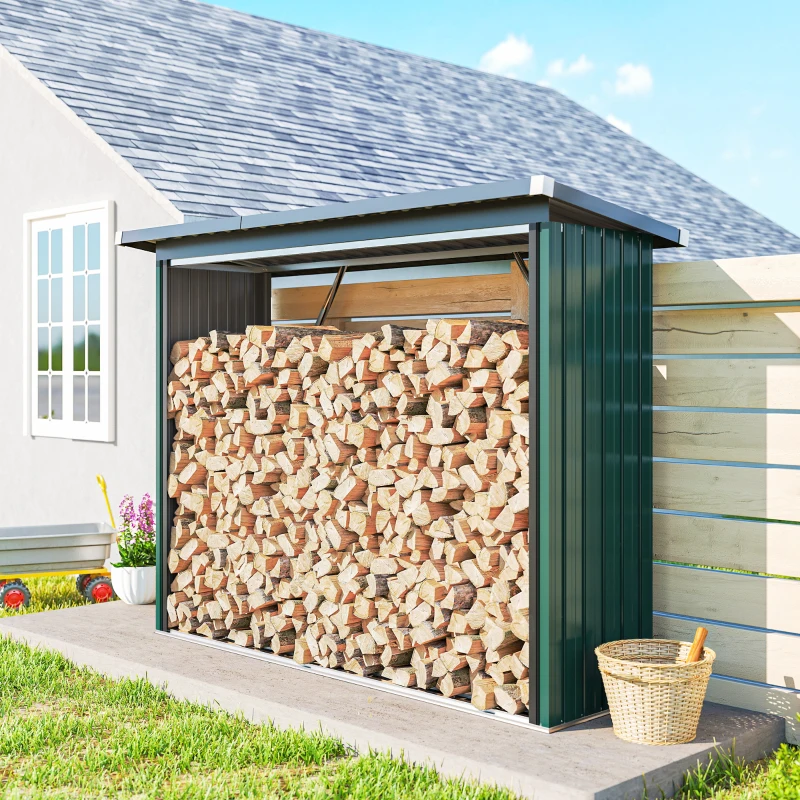 Outsunny Abri-bûches Couvert Support pour Bois de Chauffage Plancher Surélevé Toit Incliné, Acier Galvanisé 213x66,5x150cm Vert