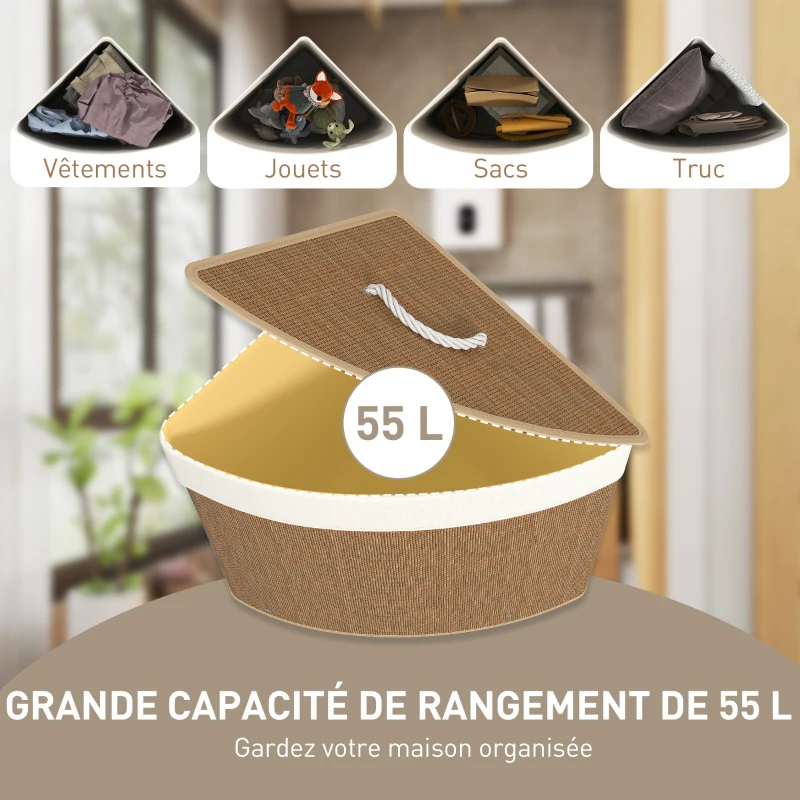 HOMCOM Panier à Linge en Bambou 55L, Panier Triangle avec Sac Amovible et Lavable, Couvercle, Poignée, 35x35x60cm, Marron