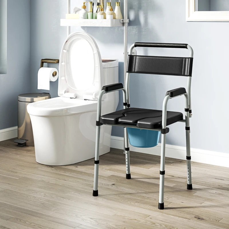 HOMCOM Chaise percée toilette pliable antidérapante hauteur réglable, siège et accoudoirs rembourrés, charge 150 kg, noir