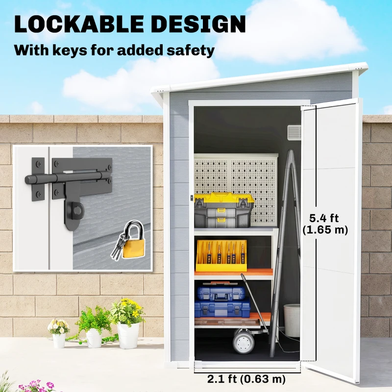 Outsunny 4 x 5FT Plastic Garden Shed with Floor, Lean to Shed, Lockable Tool Storage House with Window, Vent and Plastic Roof, Grey