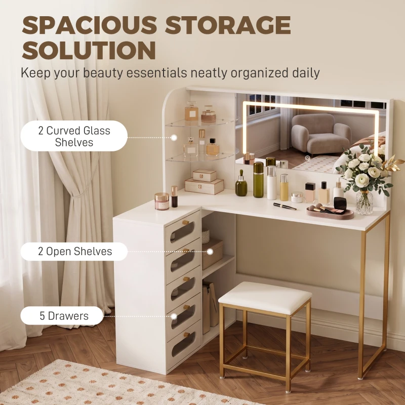HOMCOM Dressing Table with LED Mirror and Stool, L-Shaped Vanity Desk with Drawers and Shelves, White