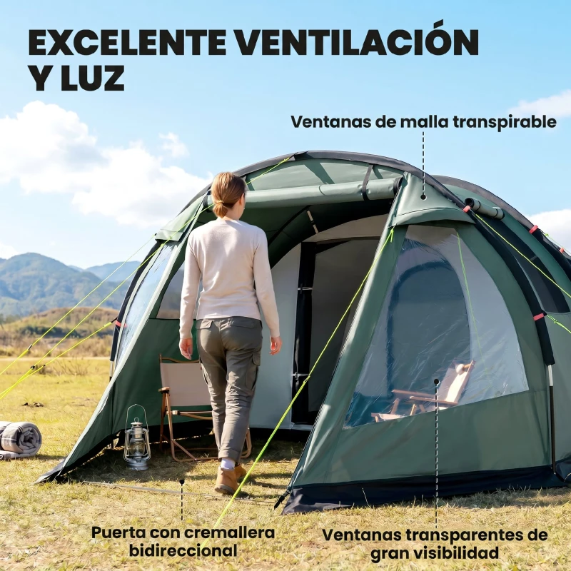Outsunny Tienda de Campaña para 3 Personas Impermeable PU2000 mm Protección UV30+ con Bolsa de Transporte 475x264x172 cm Verde